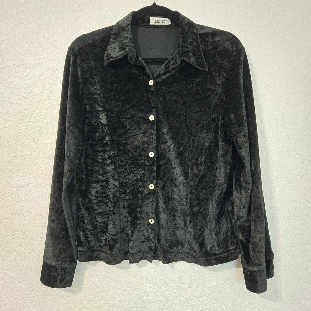 Vintage 10 Black Crushed Velvet Button-Up Shirt Collar Long Sleeve Dark Acedemia